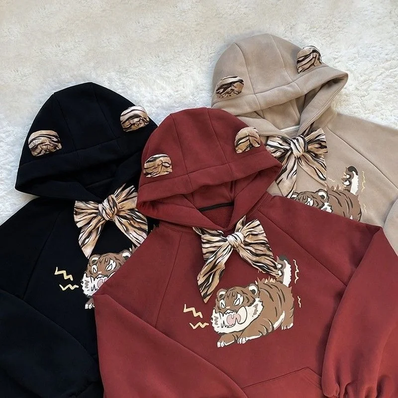 

Feiernan Kawaii Hoodie Women Animal Tiger Print Sweatshirt Oversized Streetwear Korean 2022 Fashion Anime Long Sleeve Cute Tops
