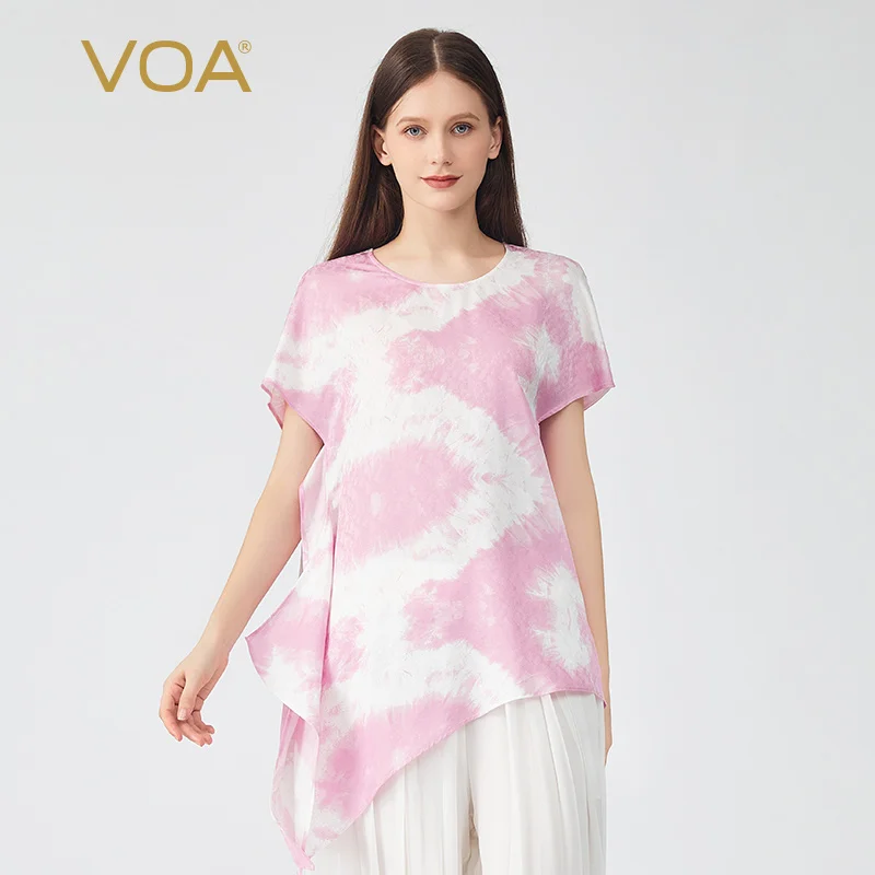 

Женские шелковые футболки VOA Sweet Pirouette с розовым принтом Harajuku, повседневные Модные асимметричные топы с короткими рукавами и круглым вырезом, BE832