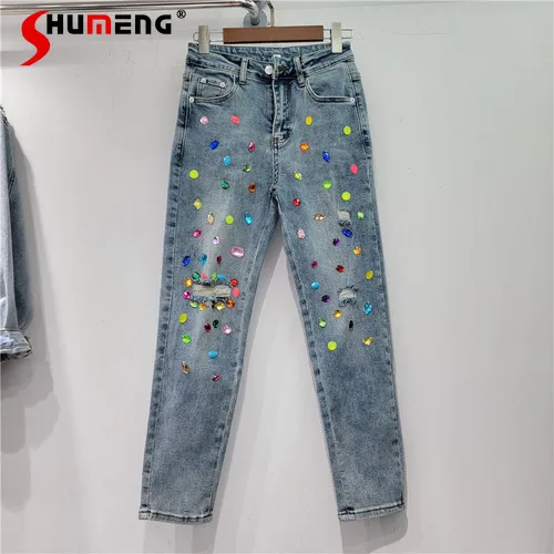

Spring Summer New Heavy Industry Ripped Diamond Colorful Crystals High Waist Slimming Cropped Jeans Women's Straight Pants