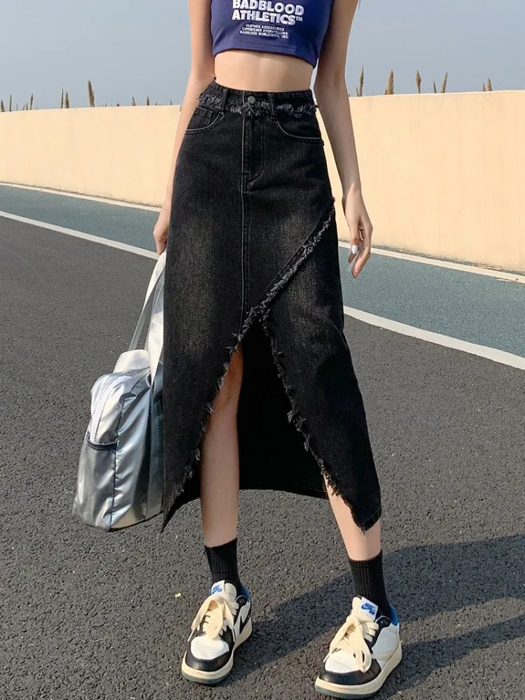 

GUUZYUVIZ High Waist Split Ragged Denim Skirt Women Jean Skirts For Ladies