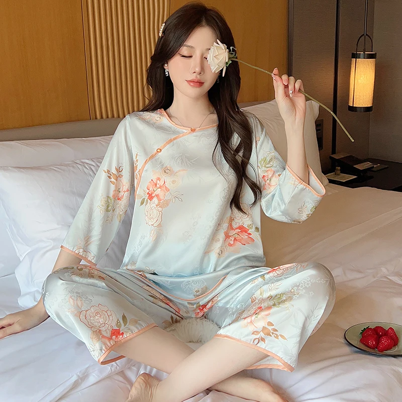 Funishi Women's Pajamas Ice Silk Cardigan Suit Sweet Cardigan lace Cute Summer Sleepwear пижама женская Tang style