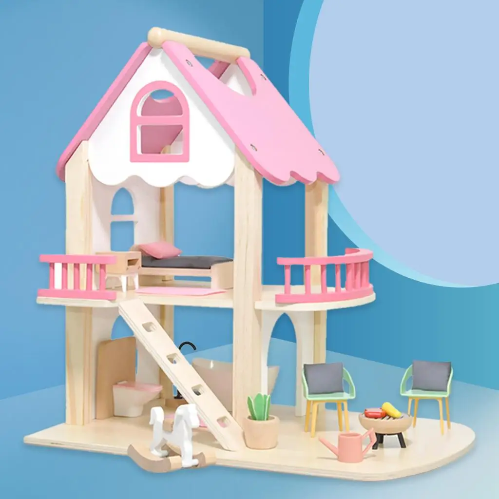 

DIY Dollhouses Miniature Princess Pink Castle Play House Doll Accessories with 2 Floors Bedroom Bathroom Living Room