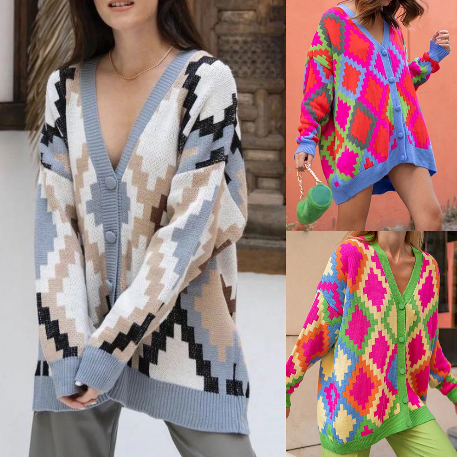 

Kawaii Geometric Pattern Cardigan Women Jk Uniform Checkerboard Sweater Coat Autumn Loose Y2k Knitted Sueters Coat De Mujer 2023