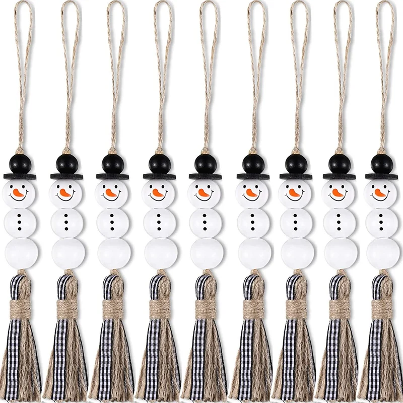 

9Pcs Snowman Bead Garland Christmas Tree Ornaments Xmas Wooden Farmhouse Bead Hanging Bead Tassel
