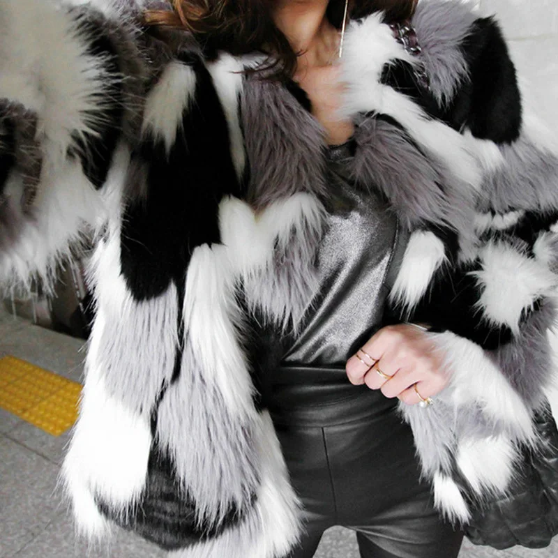Women's Fur Jacket Winter Imitation Fur Coat Loose O-neck Short Mixed Color Coat Faux Fur Coat