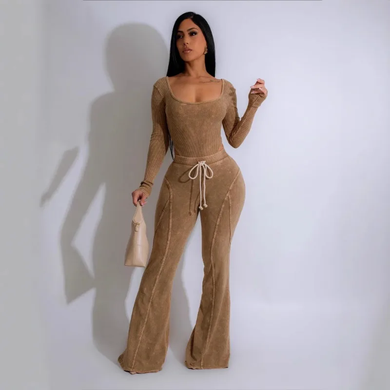 Женский комплект из 2 предметов для фитнеса боди с U-образным вырезом и длинными