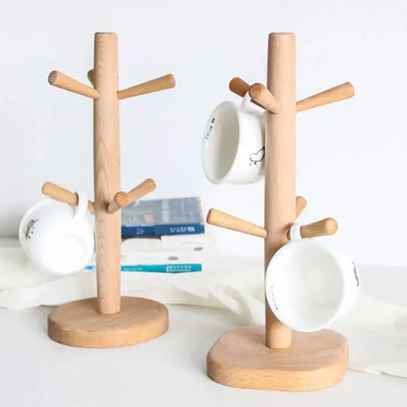 Japanese Style Wooden Detachable Drainage Cup Holder Home Decor Desktop Organizing Tree Shape Tea Coffee Cup Mug Hoooks