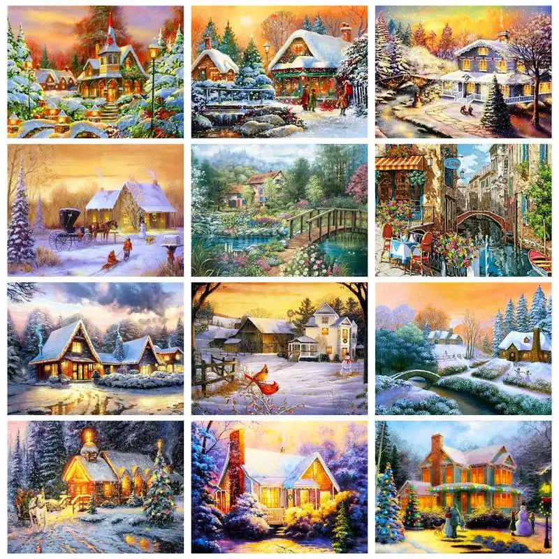 

CHENISTORY Rhinestones Diamond Painting Frame Winter Landscape Full Drill Diamond Embroidery Diy Gift For Adults Snow House