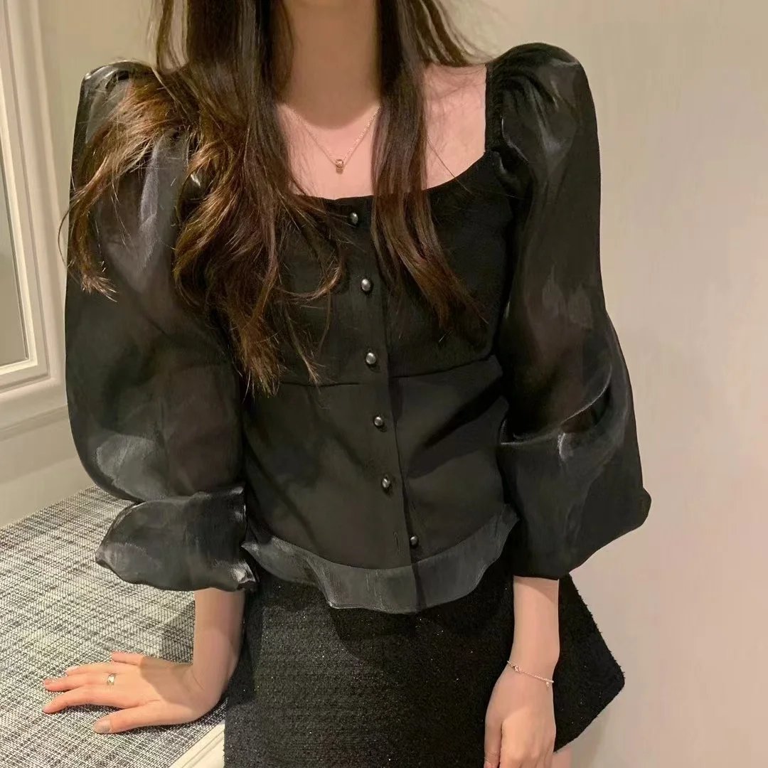 Корейская модная женская блузка с квадратным воротником и пуговицами