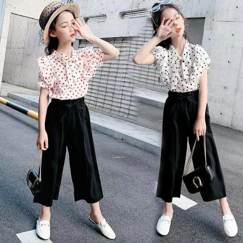 

Teenage 2023 Girls Clothes Sets Summer Kids Chiffon T-shirts + Wide Leg Pants 2PCS Children‘s Clothing Suits 6 8 10 12 14 Year
