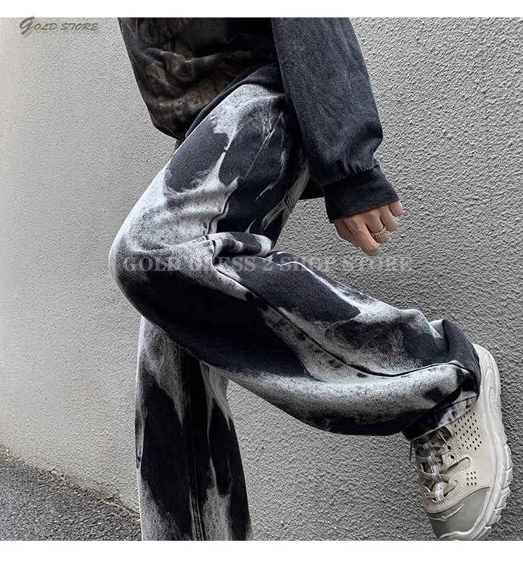 2023 Spting Tie-dye Jeans mens High Street Straight Denim Pants Men Baggy Fashion Trend Jean Pants Mens Wide-leg BF Clothing