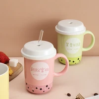 creative ceramic mug milk tea cup with lid and straw spoon mug milk coffee cup ceramic female cute couple personality