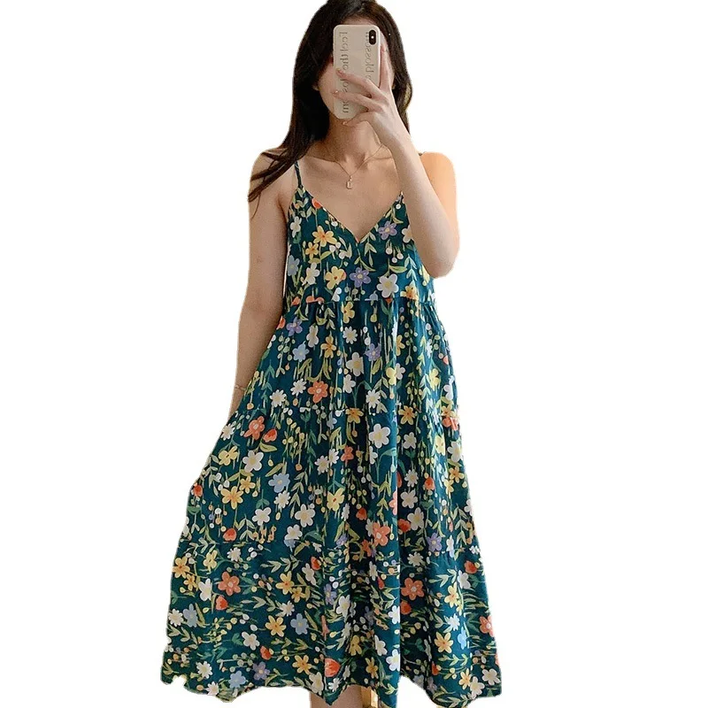 Sexy pajamas for ladies Backstrap nightdress flower Cotton silk sweet student dress sexy sleepwear