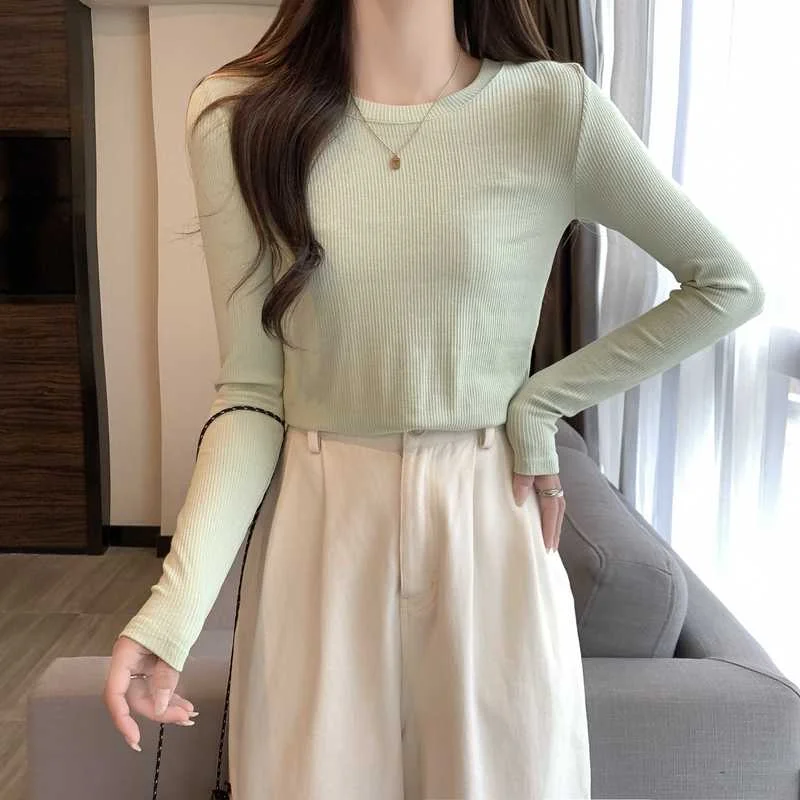 

Real Shot Korean Version of Women's New Round Neck Slim Fit Long-sleeved Bottoming Knitted Sweater Top Casual Sweater
