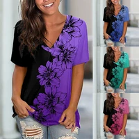 2022 floral colorblock print v neck basic top women floral themed painting t shirt plus size top green blue purple3d printing
