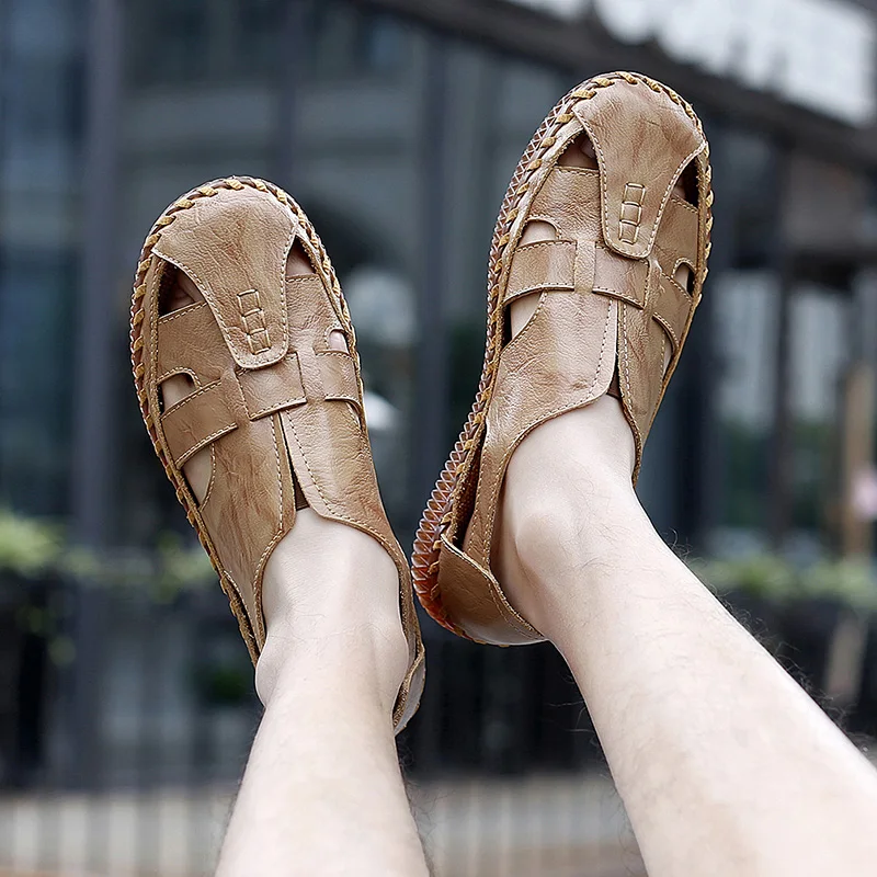 Сандалии мужские из спилка сланцы дышащие пляжные шлепанцы летняя обувь для