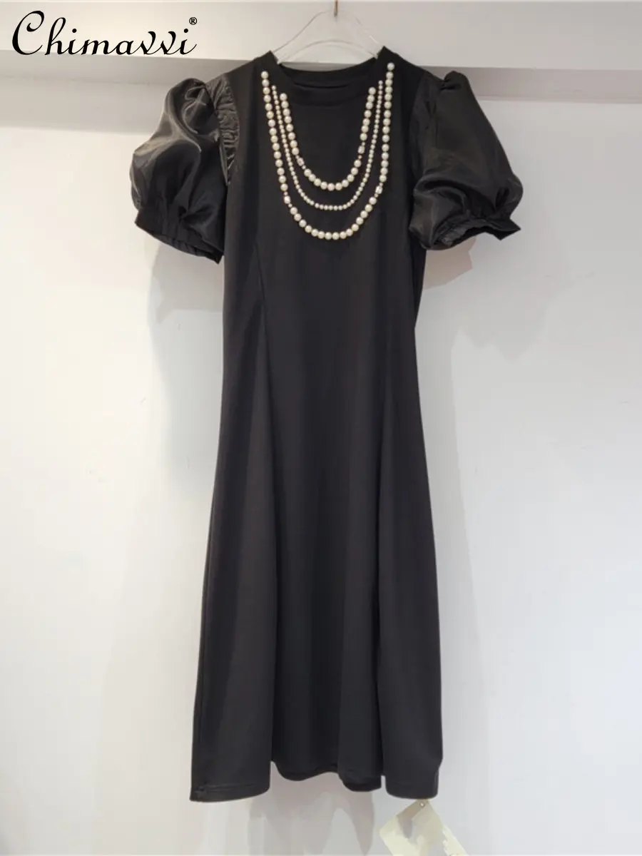 

Black Dress for Women 2023 Spring/Summer New Fashion Round Neck Puff Short Sleeve Pearl Chain Midi Dress Women's Elegant Dress