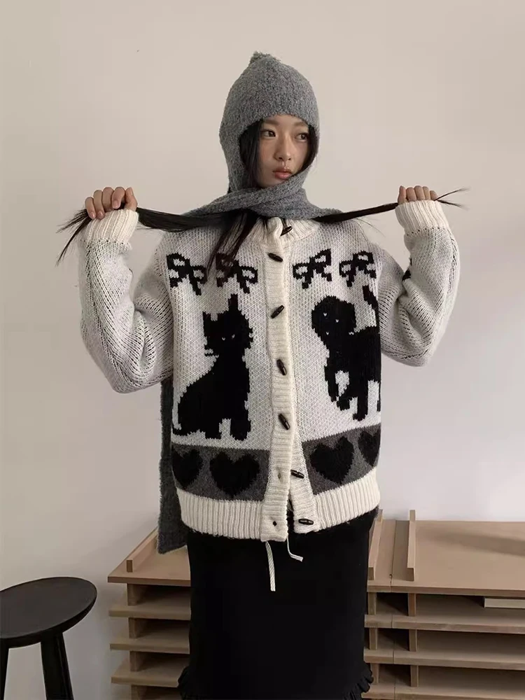 ReddaChic милая вязаная куртка на пуговицах с лентой и рогом женская вязанная крючком