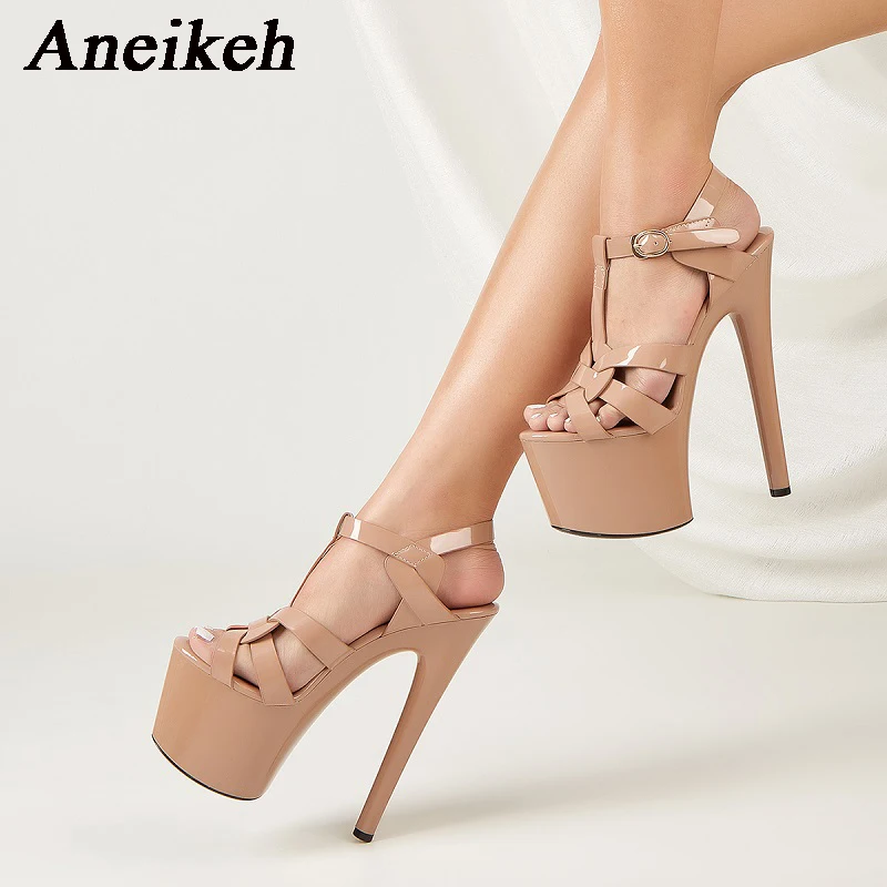 

Aneikeh 2023 Nightclub Strip Pole Dance Super High Heels Open Toe Stripe Sandals Dress Fashion Mature Women Sizes 35-41