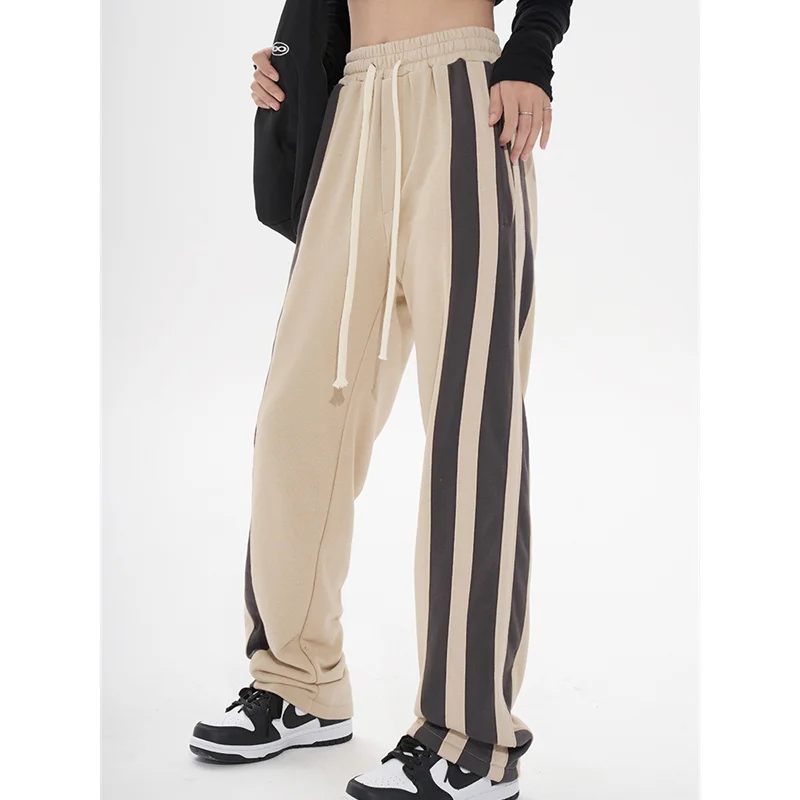 

Hot sale Khaki Womans Sweat Pants High Waist Summer Vintage Straight Trouser American Style Stripe Baggy Wide Leg Drawstring Swe