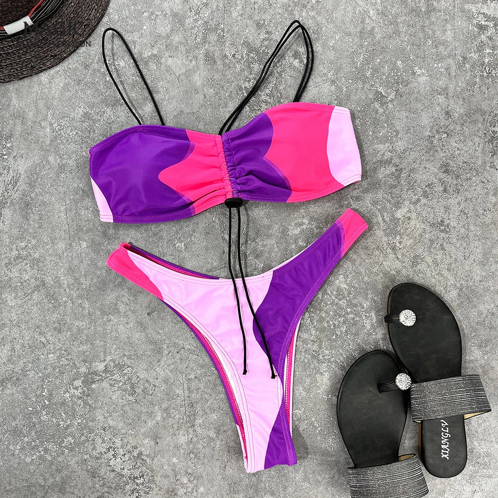 

Sweet Colorful Print Low Cut Tie-Strap Wrap Bikini Suit Women Sexy Side Bandage T-Back Swimsuit Trunks Sandbeach Swimwear Ladies