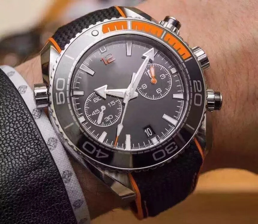

mens Quartz chronograph watch black ceramic orange canvas rubber