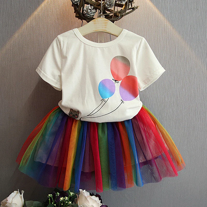 

Sweet Balloon Print Girls Set Rainbow Girls Skirt 2pcs Sets Summer T-Shirt Mesh Skirt Suit Girl Party Set Baby Toddler Outfits