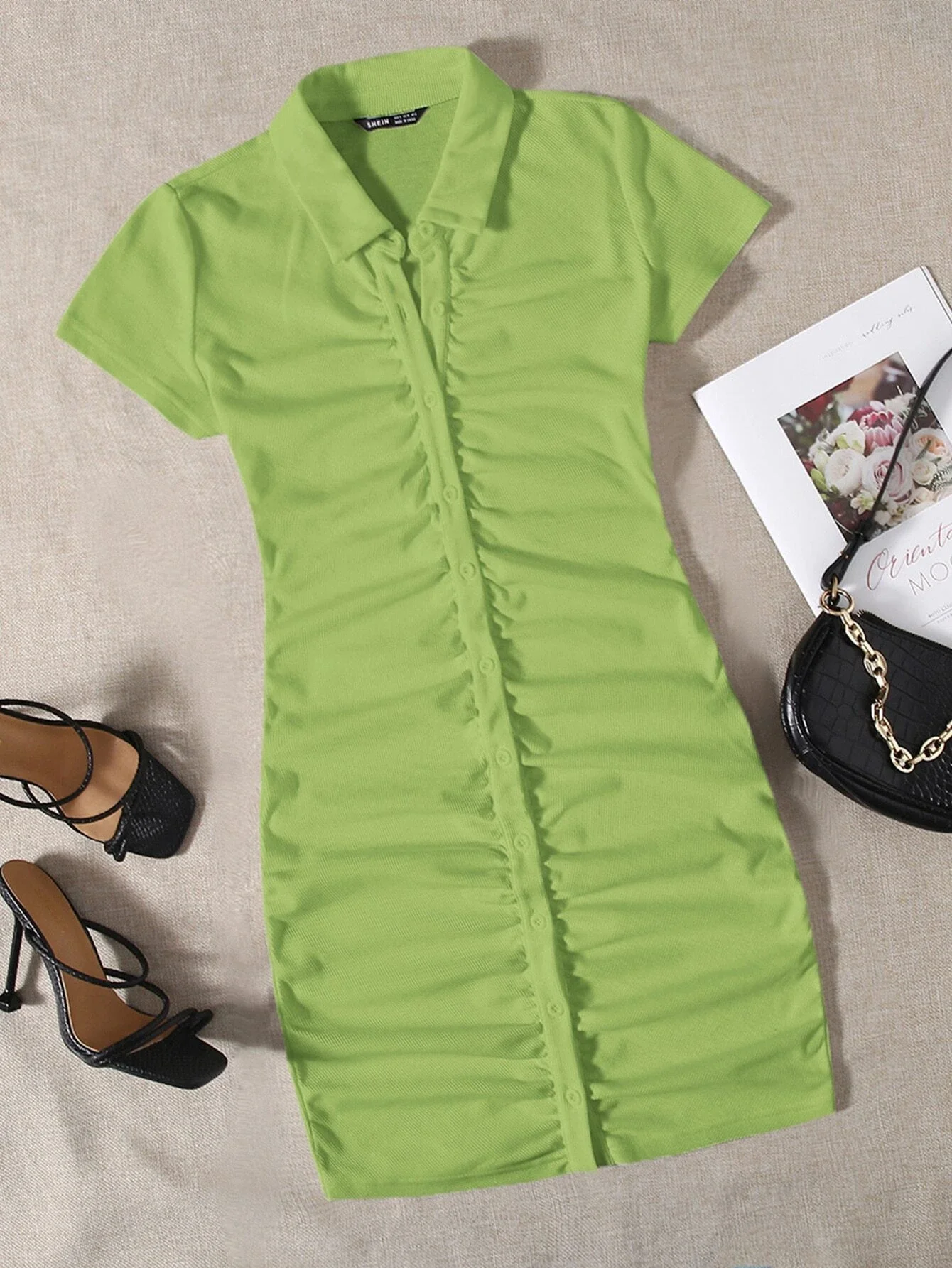 

Collared Buttoned Front Rib-Knit Dress