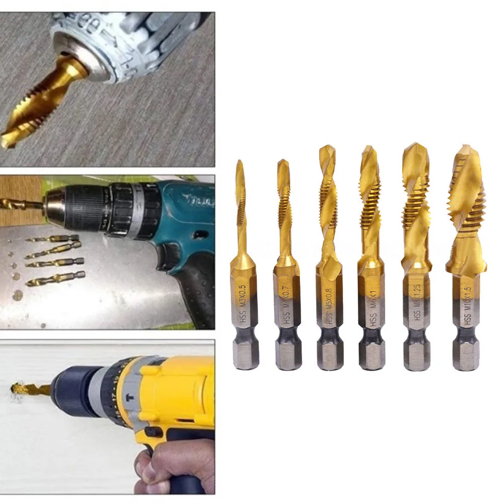 

1PCTap Drill Bit Titanium Plated Hex Shank HSS Screw Thread Metric Tap Drill Compound Tap Tools For Mechanic Hand Tools