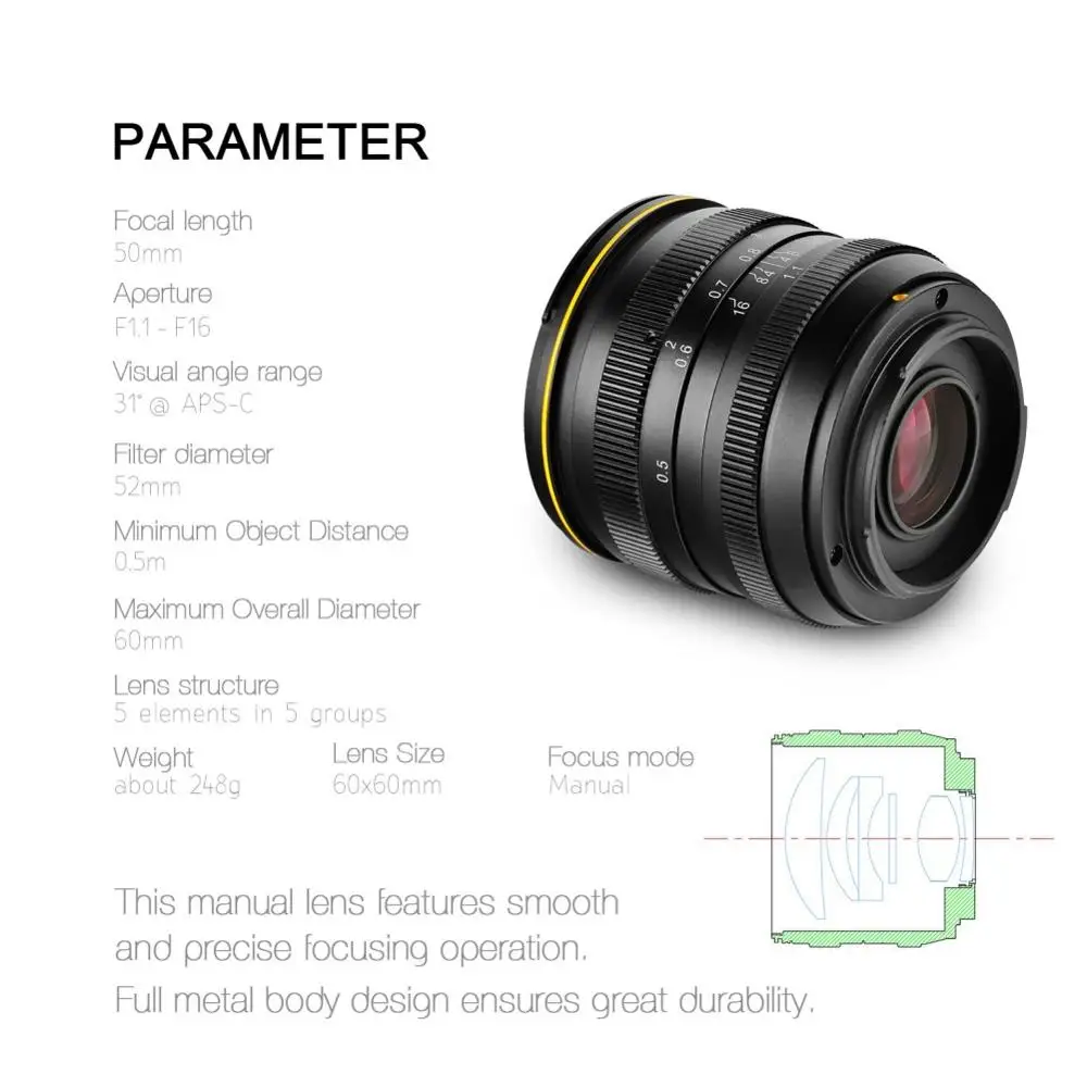 Фото Объектив Kamlan 50mm f1.1 APS-C с большой апертурой и ручной фокусировкой для беззеркальных камер Canon EOS-M, SONY E-Mount, Fuji X, M4/3 №5