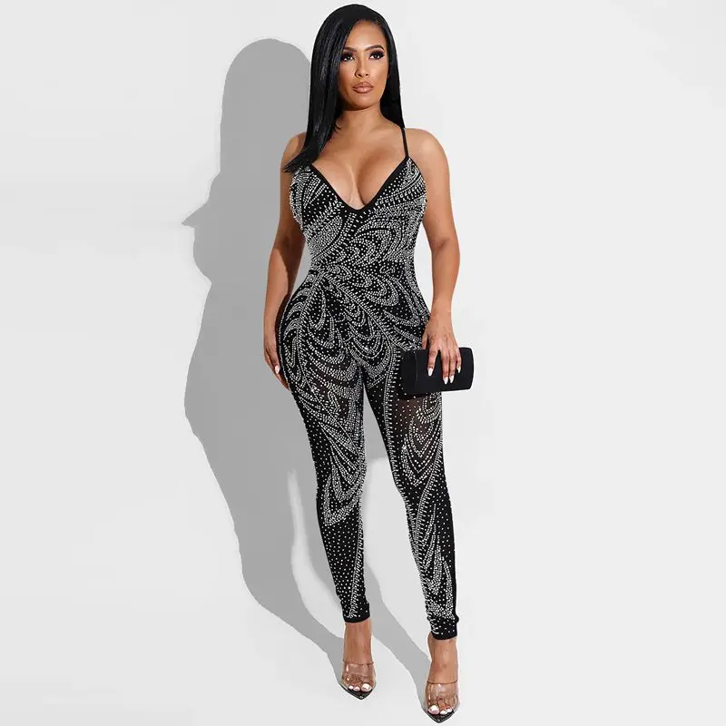 

Summer Clothes Jumpsuit Women Nightclub Mesh Sheer Sling Sexy Romper One Piece Club Outfits Lounge Streetwear Wholesale Items