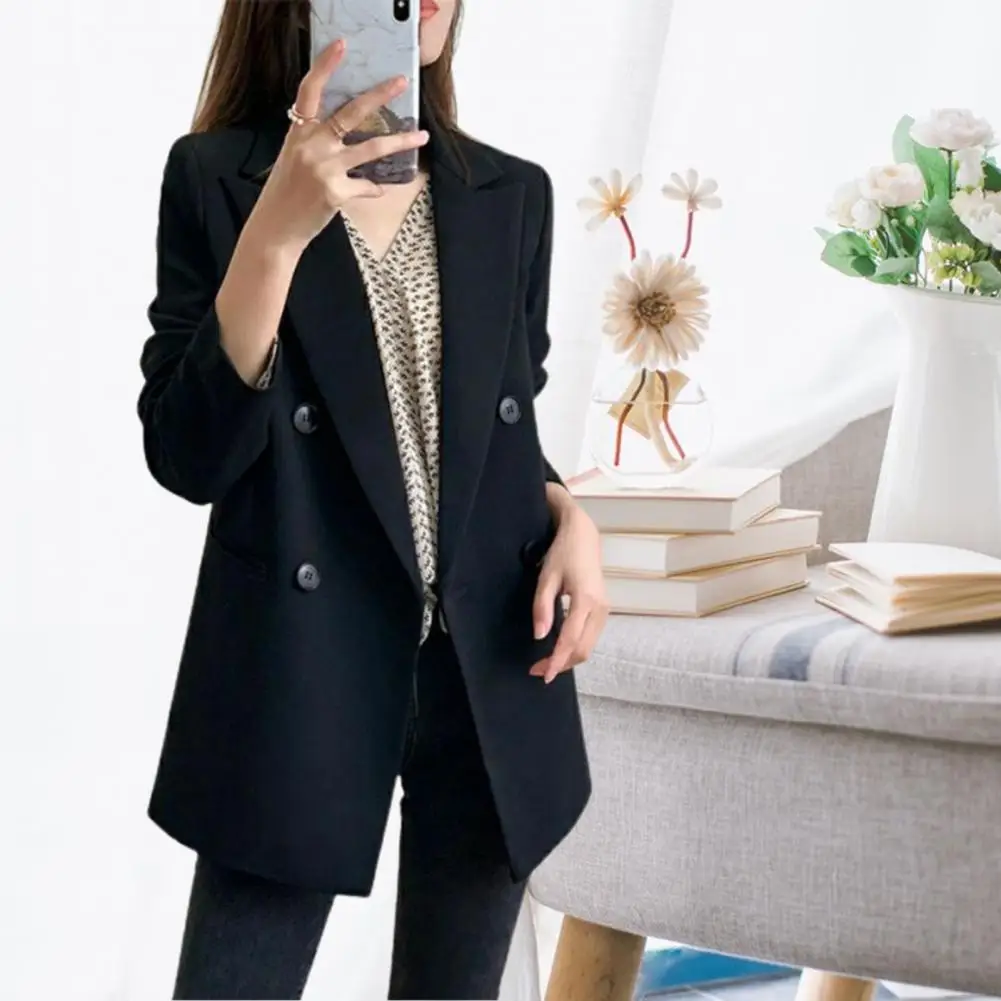 

Women Blazer Fashion Double Breasted Loose Fitting Blazer Coat Vintage Long Sleeve Pockets Female Outerwear Chic Veste Femme