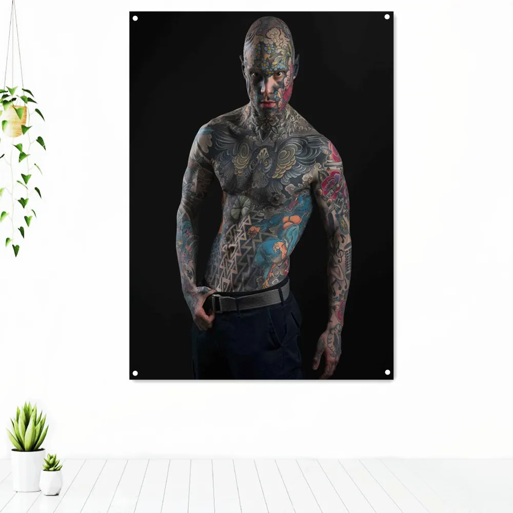 

Full Body Tattooed Guy Art Poster Tapestry Wall Hanging Cloth Tattoo Studio Wall Decor Painting Banner Flag With 4 Metal Buckles