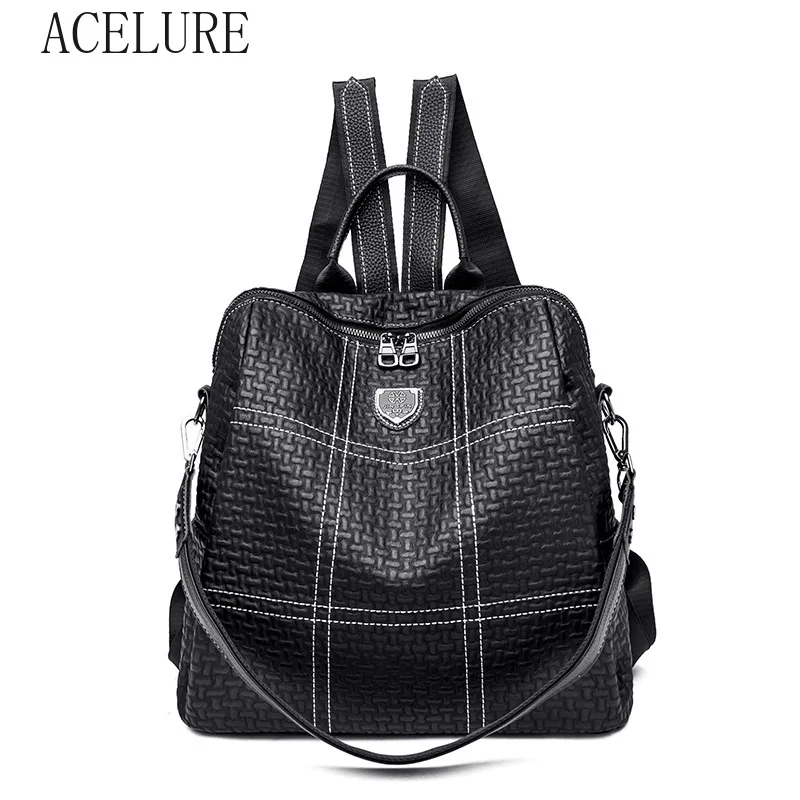 

ACELURE New European and American Style Backpack Women's Retro Black PU Leather Backpacks Large Capacity Casual School Bags