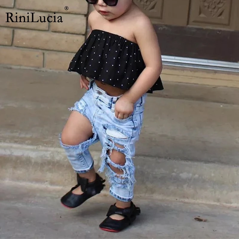 

RiniLucia Girl Pajama Set Dots Sleeveless Tops And Jeans Casual Streetwear Outfits for Kids Clothes Summer Black Tops Pants Suit