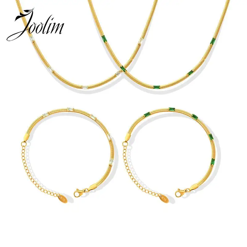 

Joolim Tarnish Free PVD Wholesale Permanent Fashion Luxury Green Clear Zirconia Snake Chain Stainless Steel Necklace for Women