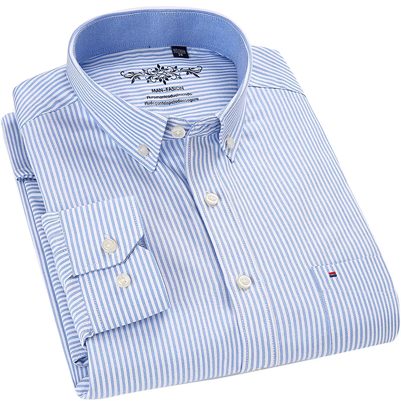 New Four Seasons Men's Long Sleeve Shirt Striped Plaid Oxford Spinning Casual Shirt Men's Slim Cotton Solid Color Bottoming Shir
