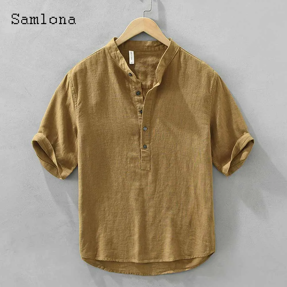 

Samlona Plus Size Men Casual Linen Blouse Solid Pullovers 2023 Short Sleeve Basic Tops Latest Summer Casual Shirt blusas hommes