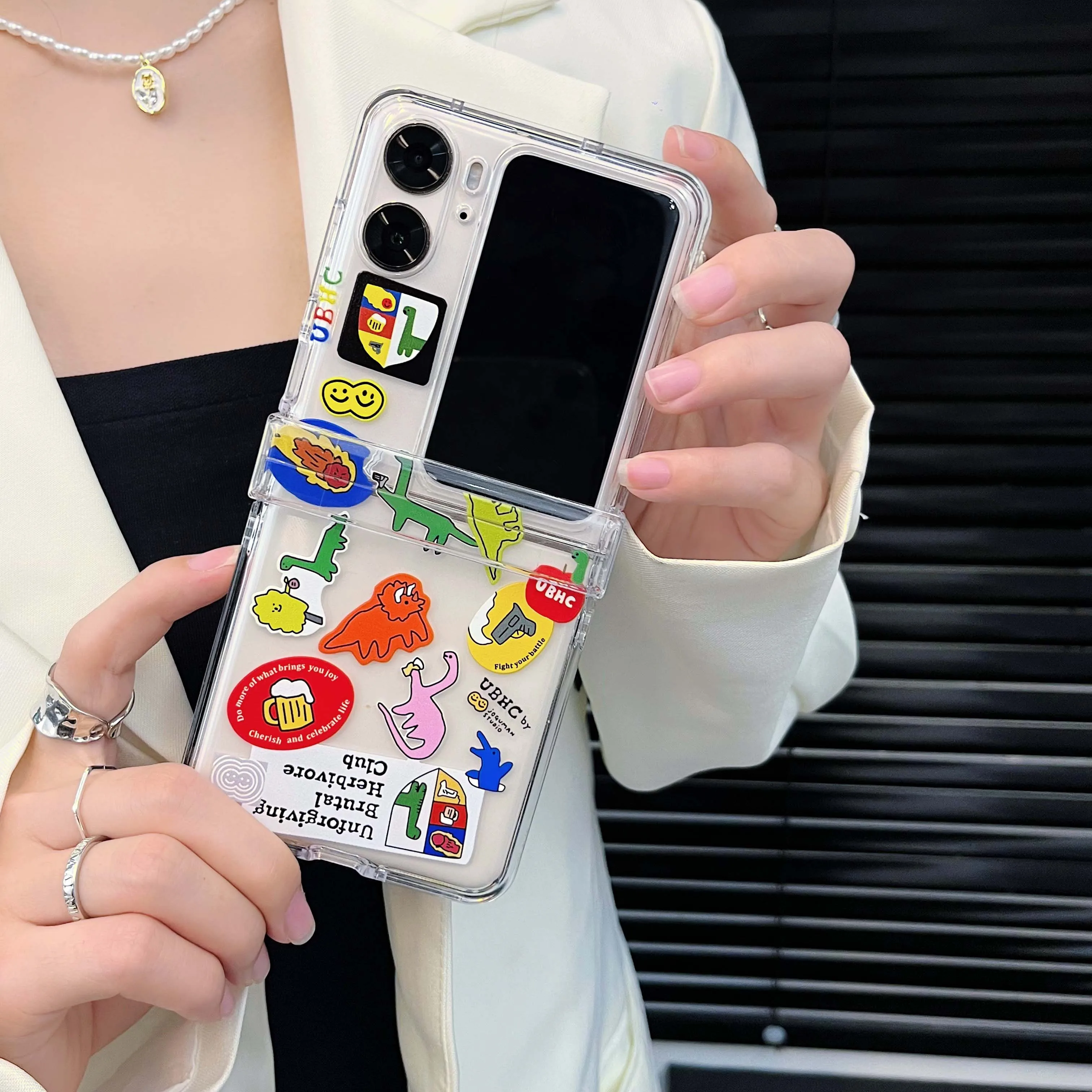Для Oppo Find N2 Flip 5G мультяшный динозавр 3 в 1 Ударопрочный ПК Жесткий милый ярлык