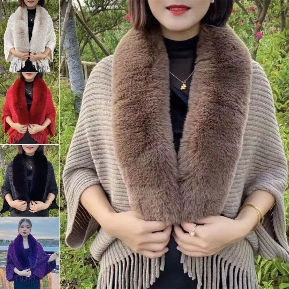 Womens Evening Dresses Cloak Cardigan Cape Winter Warm Faux Fur Collar Plush Wraps Knitting Shawl