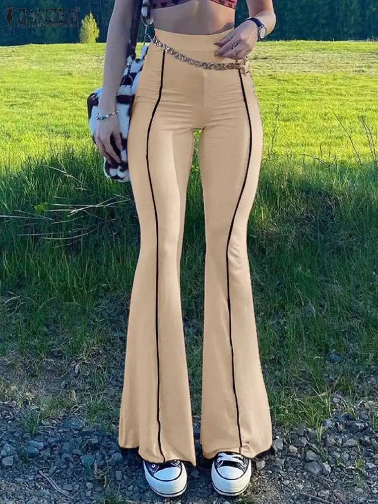 

Summer Women Slim Flare Trousers 2022 ZANZEA Fashion Y2k Hot Bottoms Casual Solid Skinny Streetwears Oversized Pantalons Palazzo