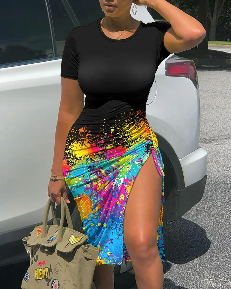 

Women Skinny Dress Sexy High Slit Ink Splash Print Short Sleeve Drawstring Ruched Dress Lady Casual Party Midi Dress Vestidos