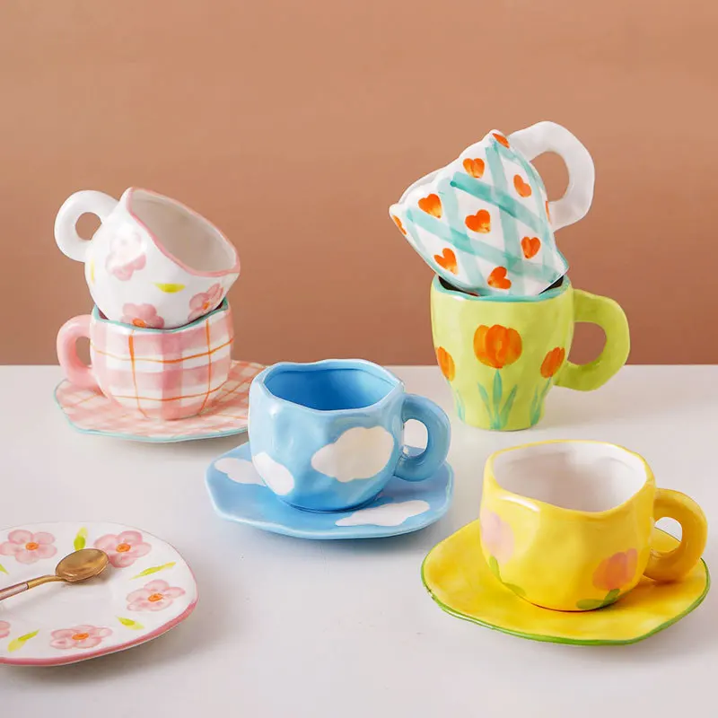 

Керамическая кофейная чашка в скандинавском стиле с ручной росписью цветов, кружка неправильной формы с блюдцем, для завтрака, овсянки, мол...