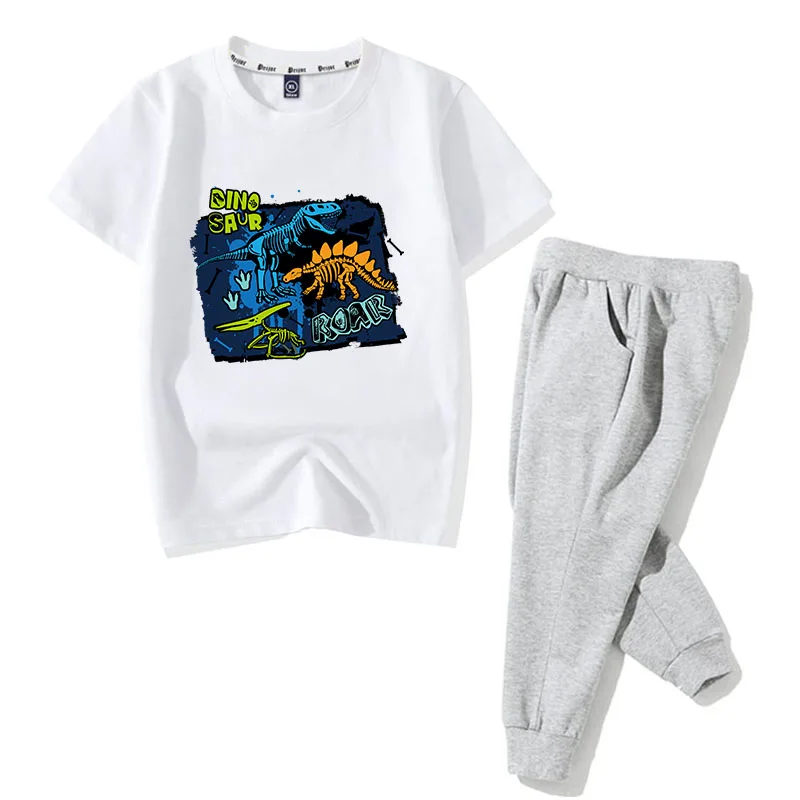 

Children's cartoon boys and girls personality dinosaur print 26 count combed cotton short T + Pants Set