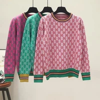 new loose knit sweater korean style pullover round neck geometric clash jacquard casual designer sweater jumper pink sweater