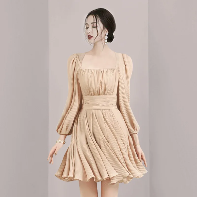 

Женское плиссированное платье с высокой талией, облегающее платье с квадратным вырезом и длинным рукавом на подоле, осень 2023