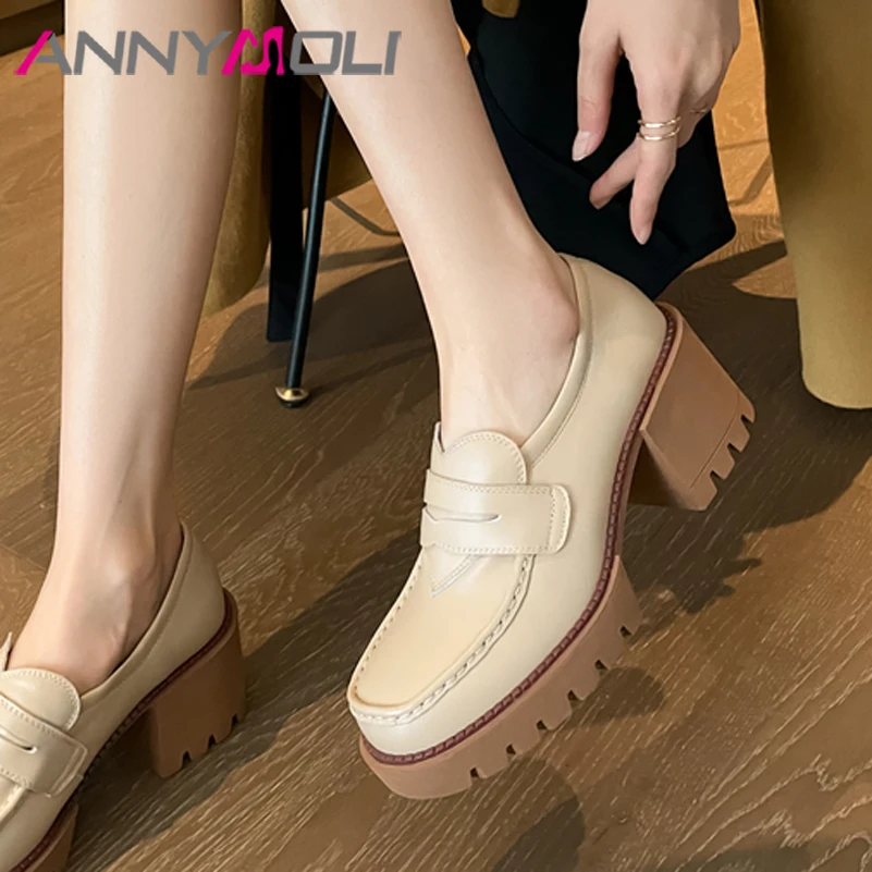 

ANNYMOLI Loaferses Shoes Women Genuine Leather Chunky Heels Platform Pumps Round Toe High Heel Female Spring Footwear Apricot 39