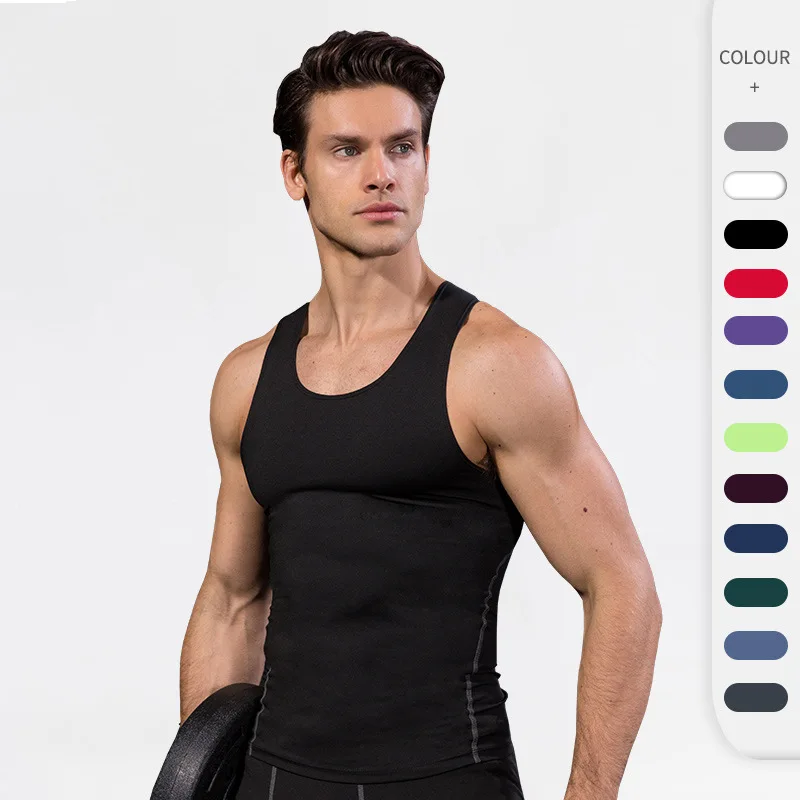 

Men Sport Fitness Tees Vest Solid Color Summer Gym Tank Tops Vest Tunic T-Shirt Workout Compression Base Stretch Sports