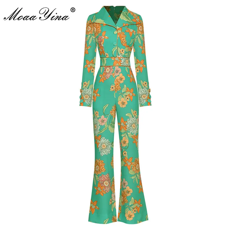 MoaaYina Fashion Designer Autumn Jumpsuits Women Turn-down Collar Long Sleeve Green Flower Print Vintage Pants Rompers