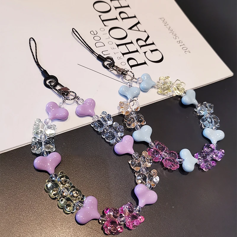 

Mobile Phone Lanyard Women's Short Wrist Chain Pendant Strong Portable Chain Phone Lanyard Crystal Bear Handmade Beaded Pendant